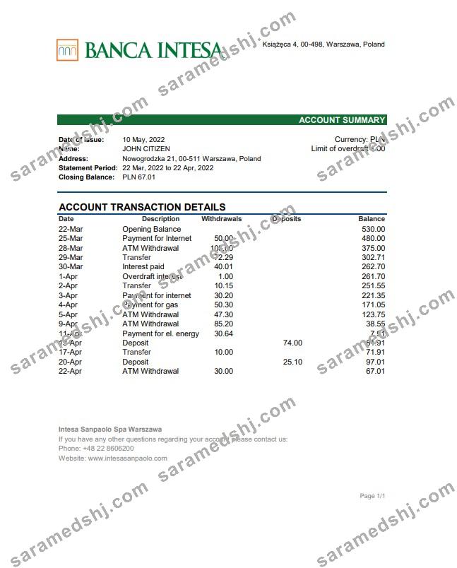 Poland Banca Intesa bank statement